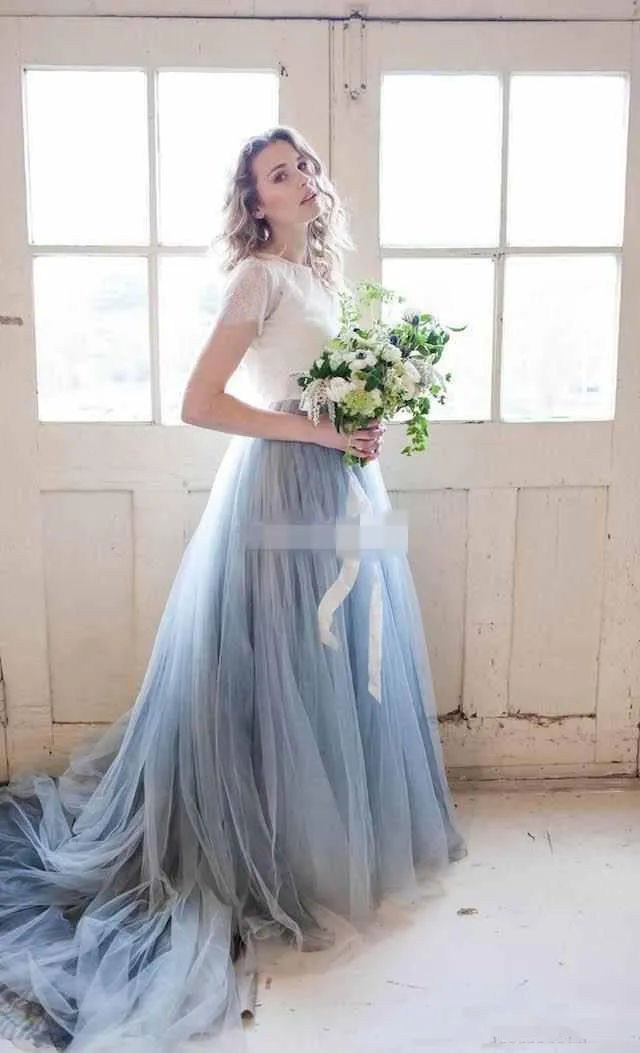 2018 Fairy Beach Boho Vestidos de novia de encaje Una línea Dos piezas Vestidos de novia de playa Faldas azul claro Bohemia Vestidos de novia por encargo