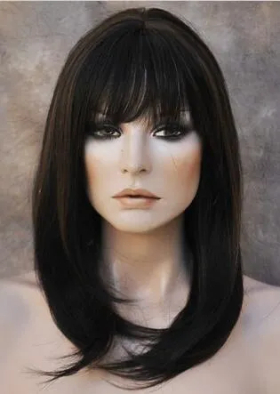 Värmesäker Human Hair Blend Lång Straight Off Black Mix Wig WBMN 1B-30