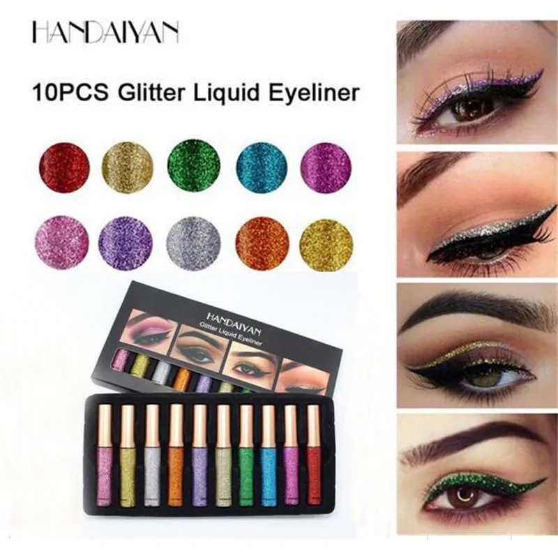 Neue 10 Farben Flüssiger Eyeliner HANDAIYAN 10 Teile/satz Metallisch Glänzende Augen Lidschatten Make-up Wasserdichter Glitzerstift