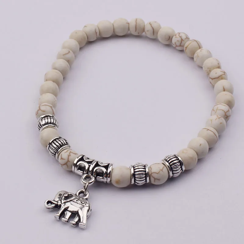 Fashion Tibetan Tibet Silver Elephant Pendant White Turquoise Beads 6mm Elastic Bracelet Bangles For Women Pulseiras Boho Jewelry Gift