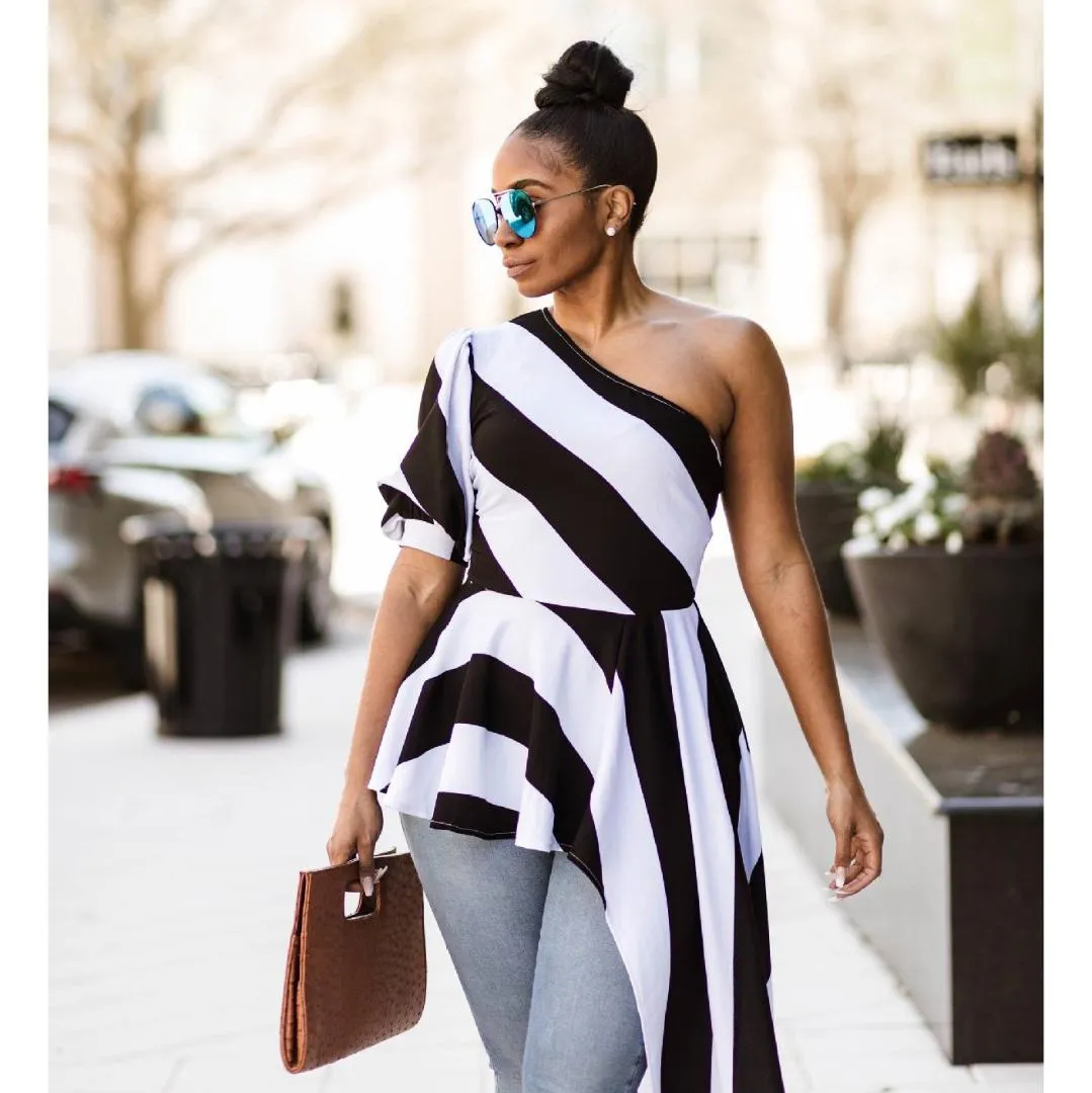 black and white striped one shoulder top