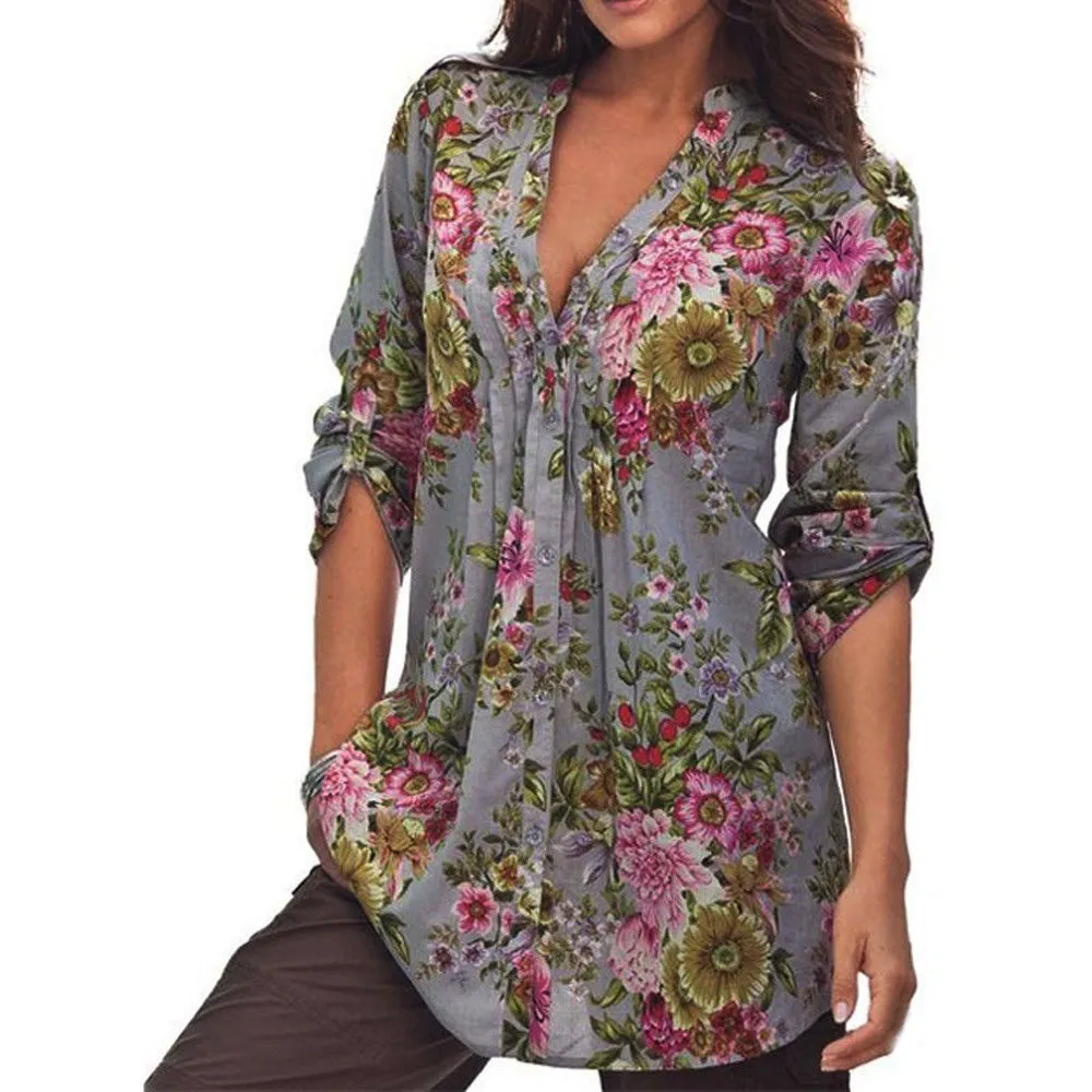 Asian Size S-5XL Womens Vintage Floral Print V-neck Tunic Tops Autumn 2018 Women's Fashion Blouses Women Clothes