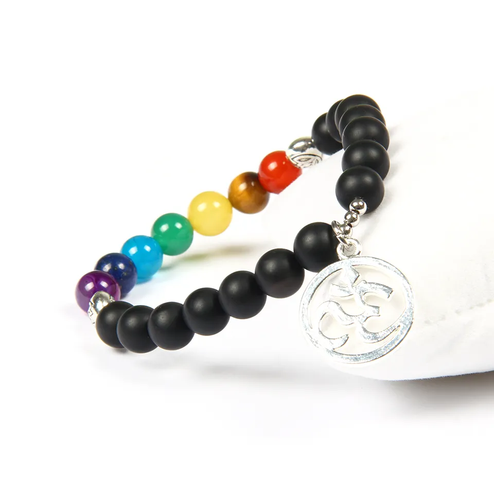 New Design Wholesale 8mm Natural Stone With 7 Chakra Healing Stone Yoga Meditation Big Silver Om Couples Distance Bracelet