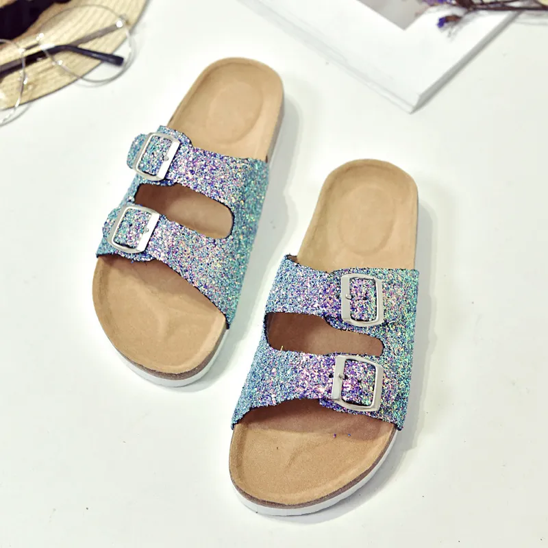 Wholesale Summer women luxury beach cork Slippers Casual Sandals Sequins Slides Double Buckle Clogs Women Slip on Flip Flops Flats Shoe