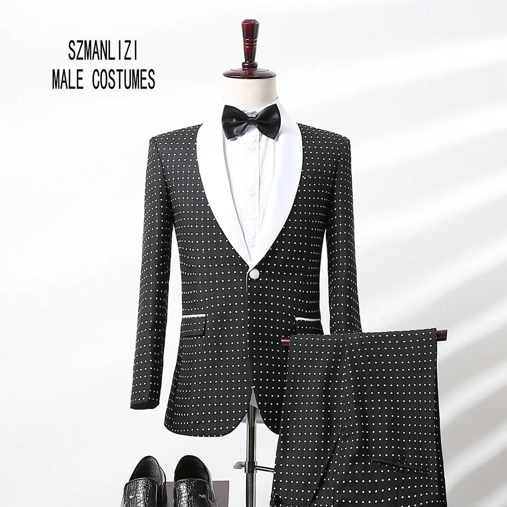 2018 elegante Marke Mode Designs Schwarz Punkte Männer Anzüge Weiß Schal Revers Formale Hochzeit Kleid Bräutigam Smoking Trauzeugen Herren hochzeit Anzüge