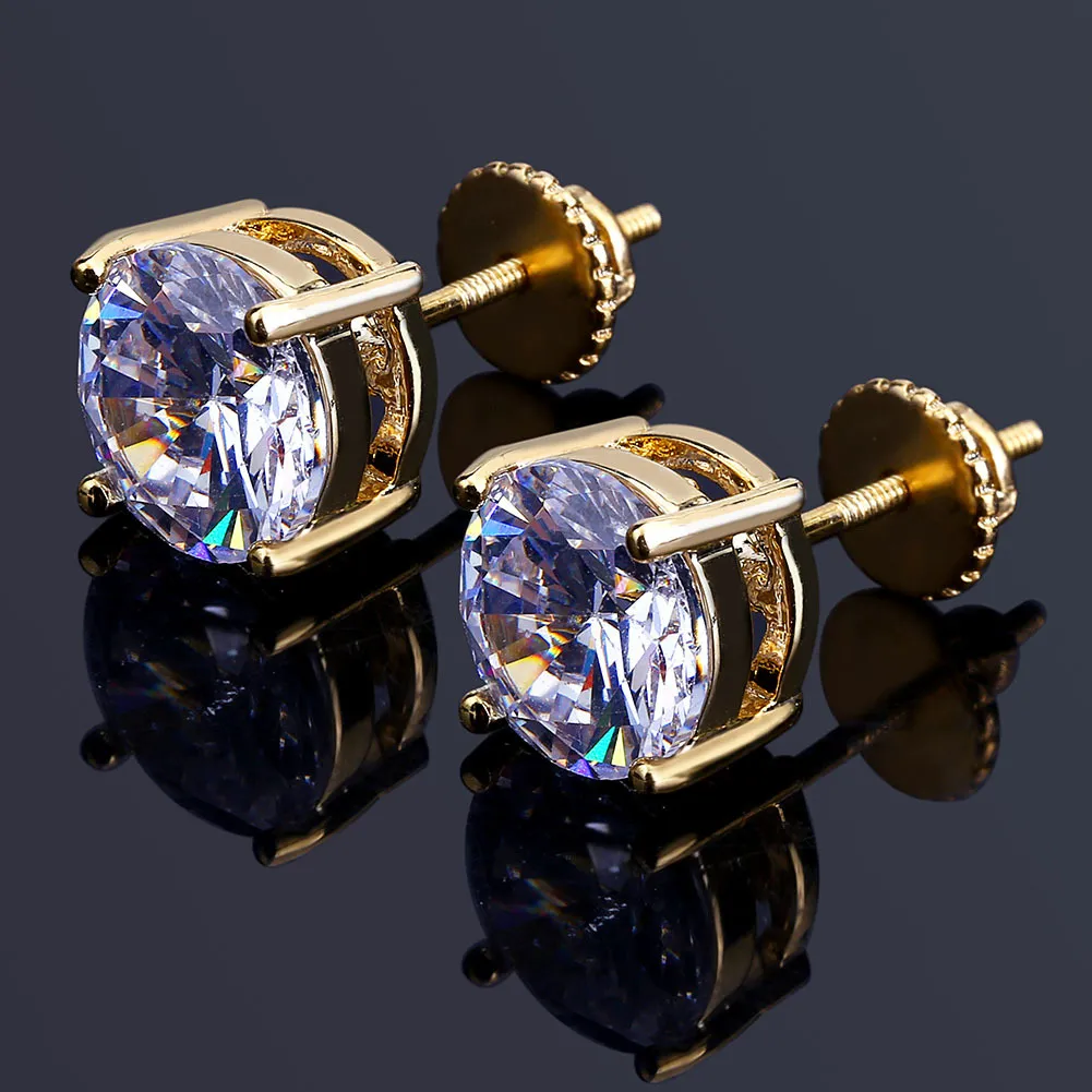 8mm Hip Hop Gold Plated Round Full CZ Stud Earring of Mens Womens Studörhängen med Zircon Stone Women Födelsedagspresent258m