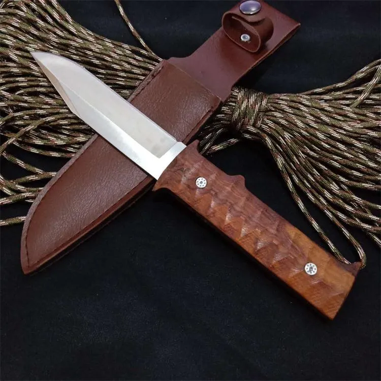 Деревянная ручка выживания прямой нож 440c атласное лезвие Палисандр ручка фиксированным лезвием ножи с кожаной оболочкой