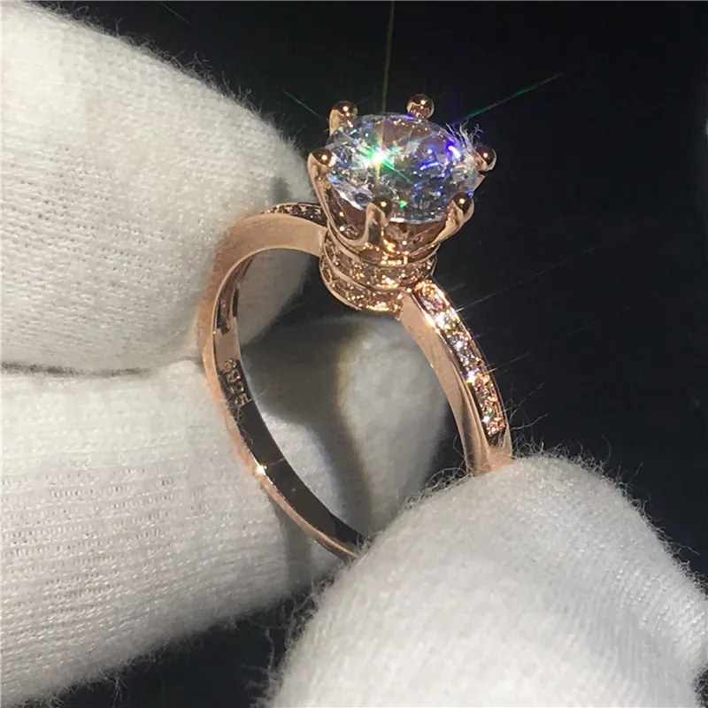 Fashion Lady Crown ring 1ct 5A Zircon Cz Rose Gold Filled 925 silver wedding band rings for women bridal Jewelry Gift