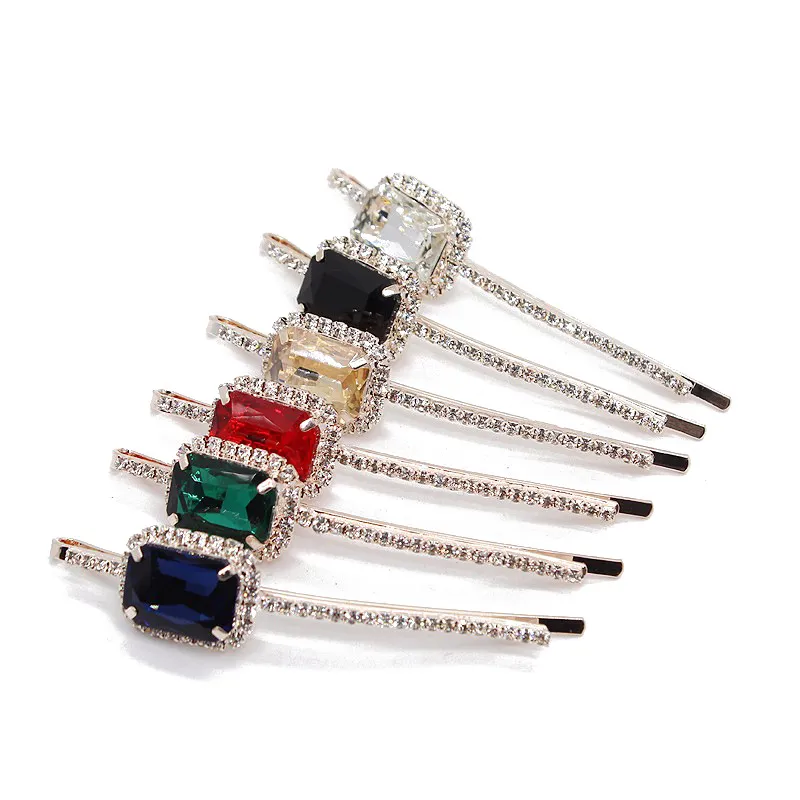 Trendy Red Hair Pin Rose Gold Square Clear Crystal Hair Barrettes Black Rhinestone Hair Clips For Women Girls