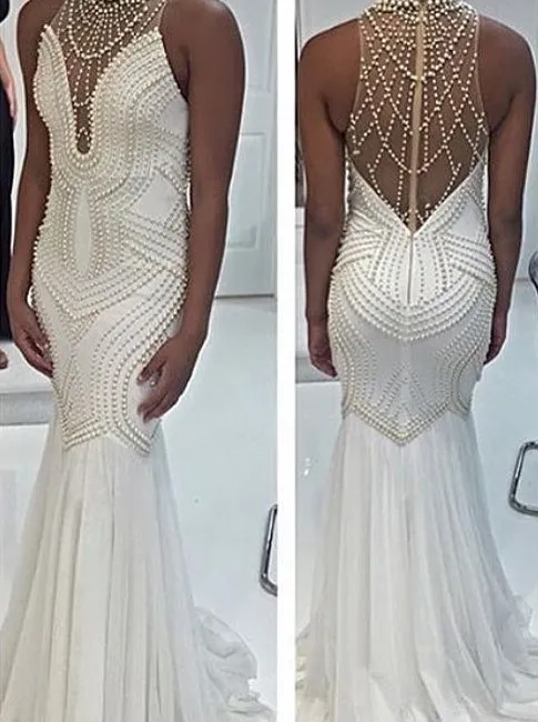 White Pearls Mermaid Pageant Dresses High Neck 2022 Chiffon Hollow Back Luxury Prom Evening Formal Dress Gowns Cheap long