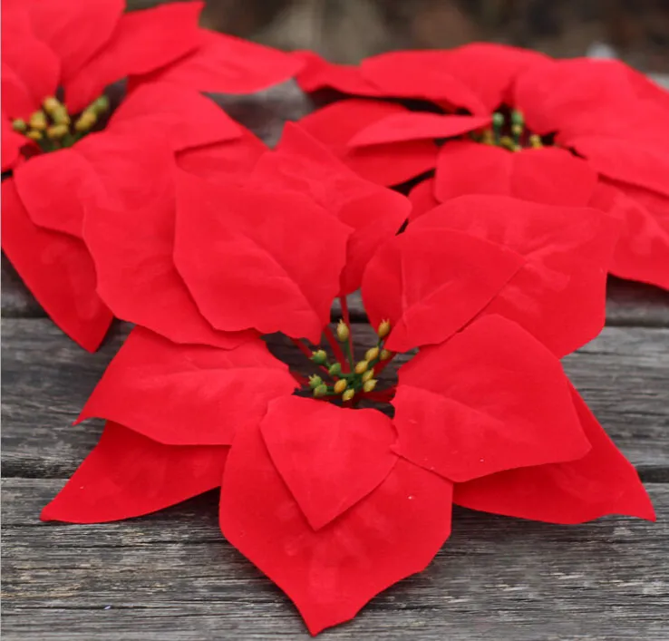 Fleurs artificielles du cru Fleurs en soie Têtes de fleurs de poinsettia de Noël Rouge