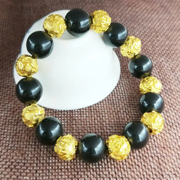 XJ003 or couleur pixiu bracelet à breloques bracelets pour femmes hommes couple mode perles de pierre noire pixiu bracelet bouddha bijoux316M