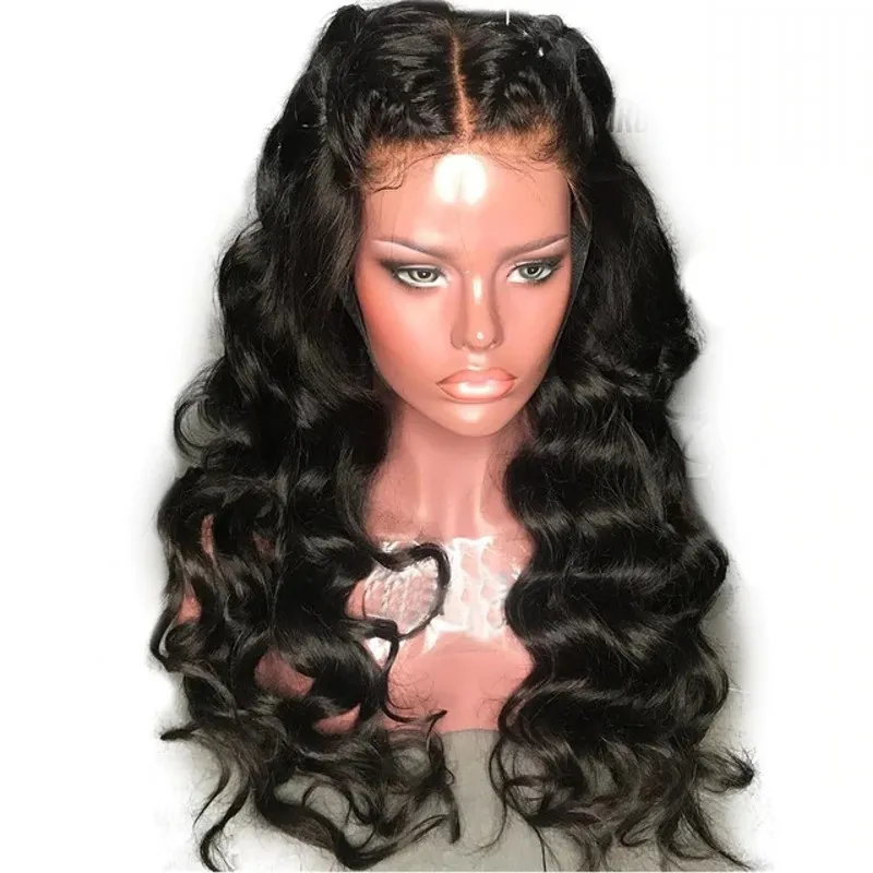 Parrucca anteriore in pizzo sintetico pieno a 180 densità attaccatura dei capelli prepizzicata Parrucche sintetiche per capelli lunghi neri con onda del corpo per donne nere