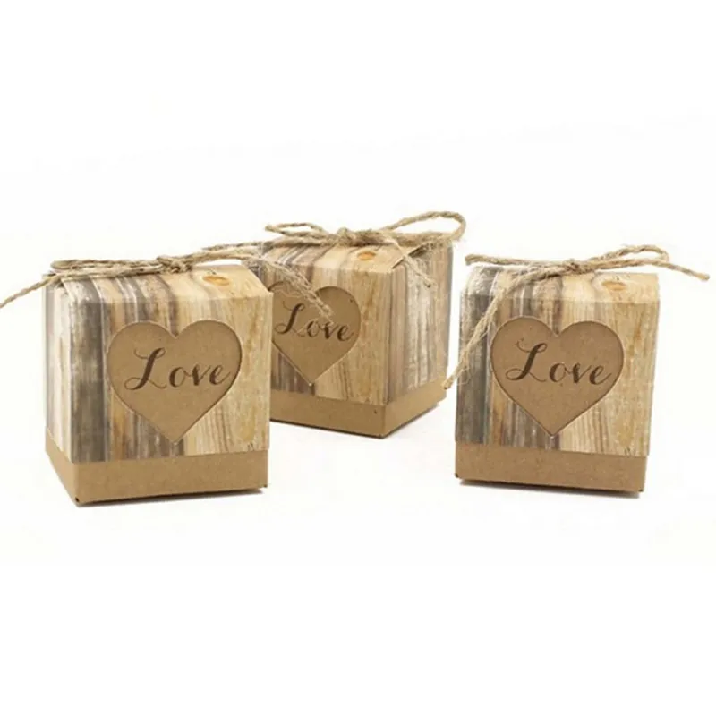 Wood Grain Heart Hollow Candy Boxes Retro Kraft Wedding Favors Christmas Anniversary Party Gift Paper Box /