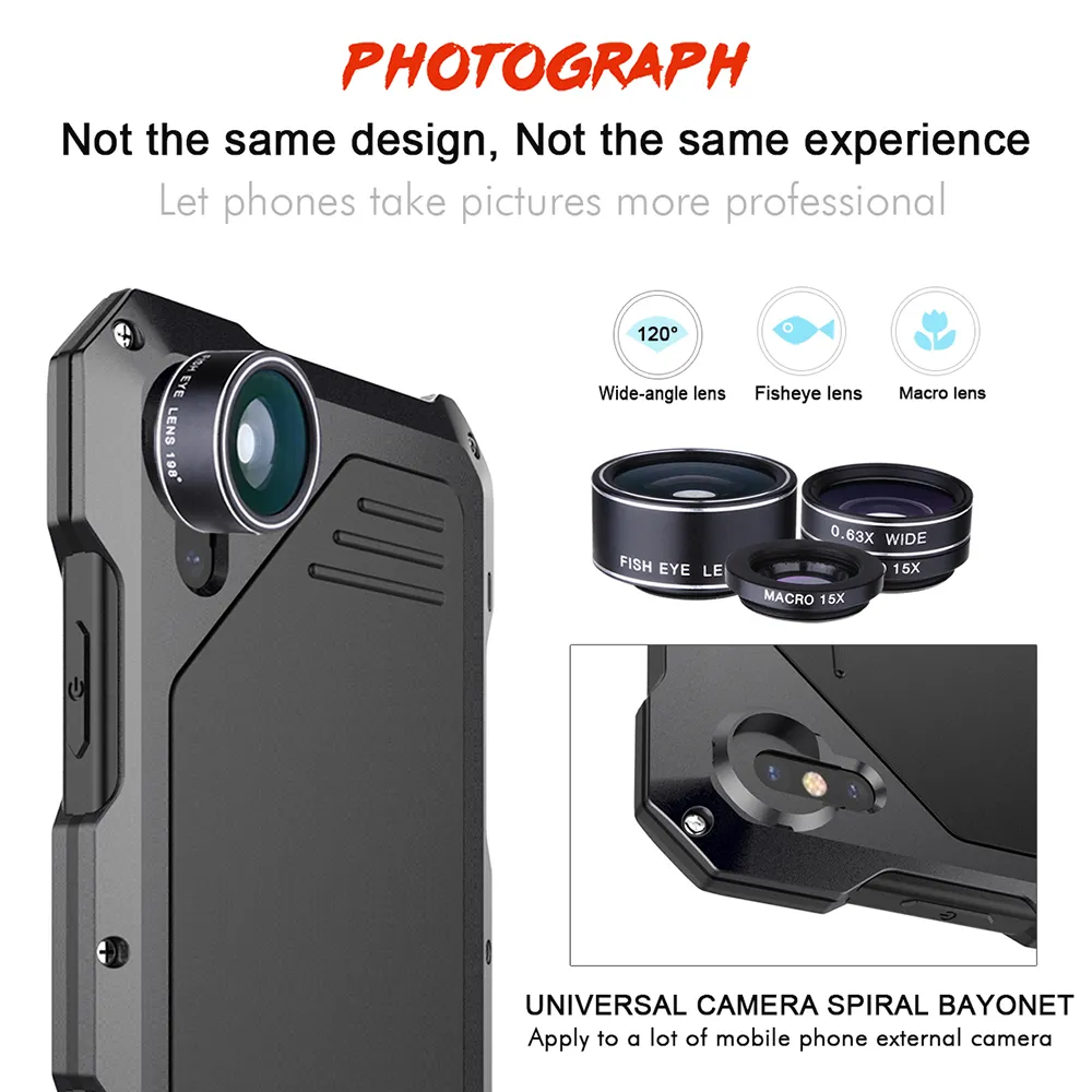 3つの別々の外部カメラレンズを持つiPhone X高衝撃保護バックシェルのための電話ケースレンズ3個の別々の外部カメラレンズワイドアングルフィッシュアイマクロ携帯電話レンズ
