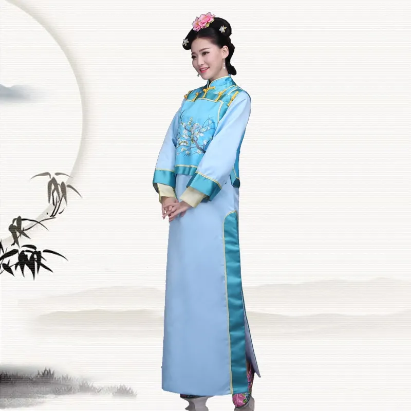 Antique Manchu Princess Dress in Blue and - Elegant Chinese ethnic clothing for Women Antique Manchu Princess Dress in Blue and - Elegant Chinese ethnic clothing for Women