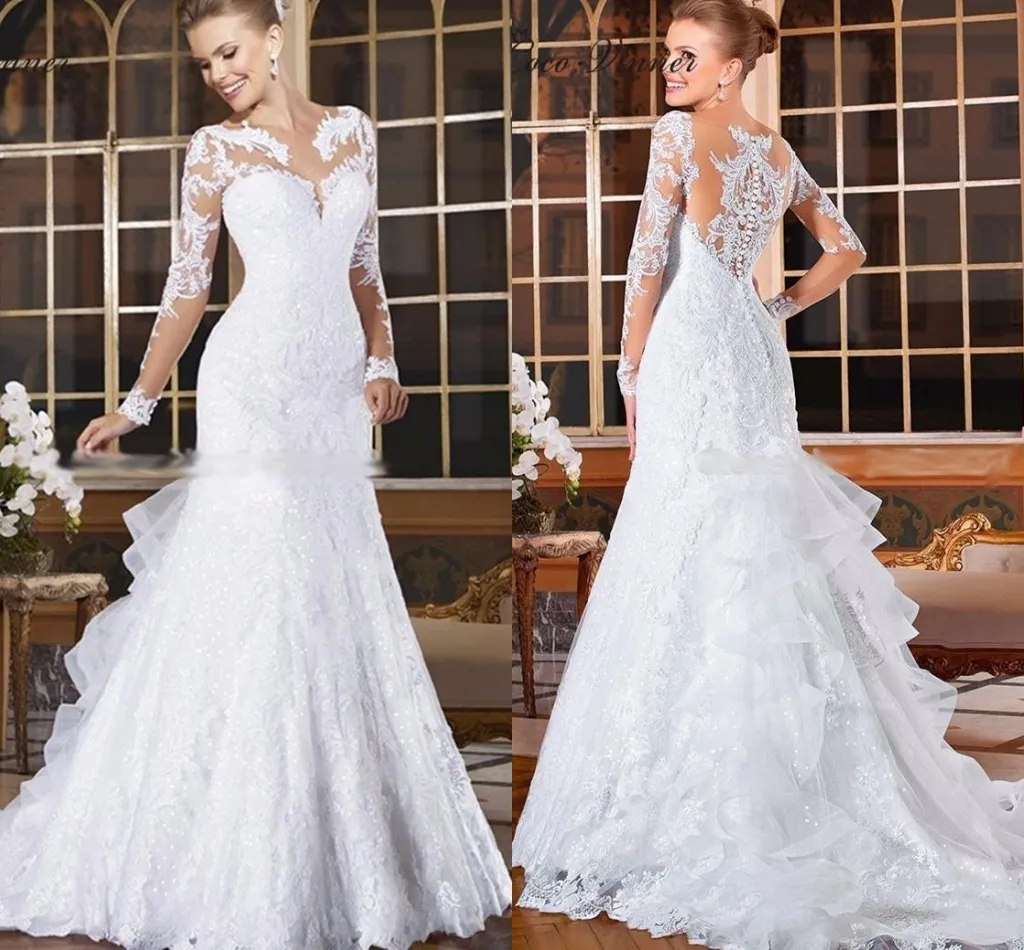 White Elegant Sheer Neck Lace Mermaid Wedding Dresses Appliques