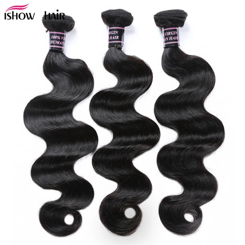 Ishow Köp 3 st Wefts Få en gratis del Avslutande Mink Brazillian Body Wave Peruvian Human Hair Buntles Extensions Weave for Women All Ages Natural Black 8-28Inch