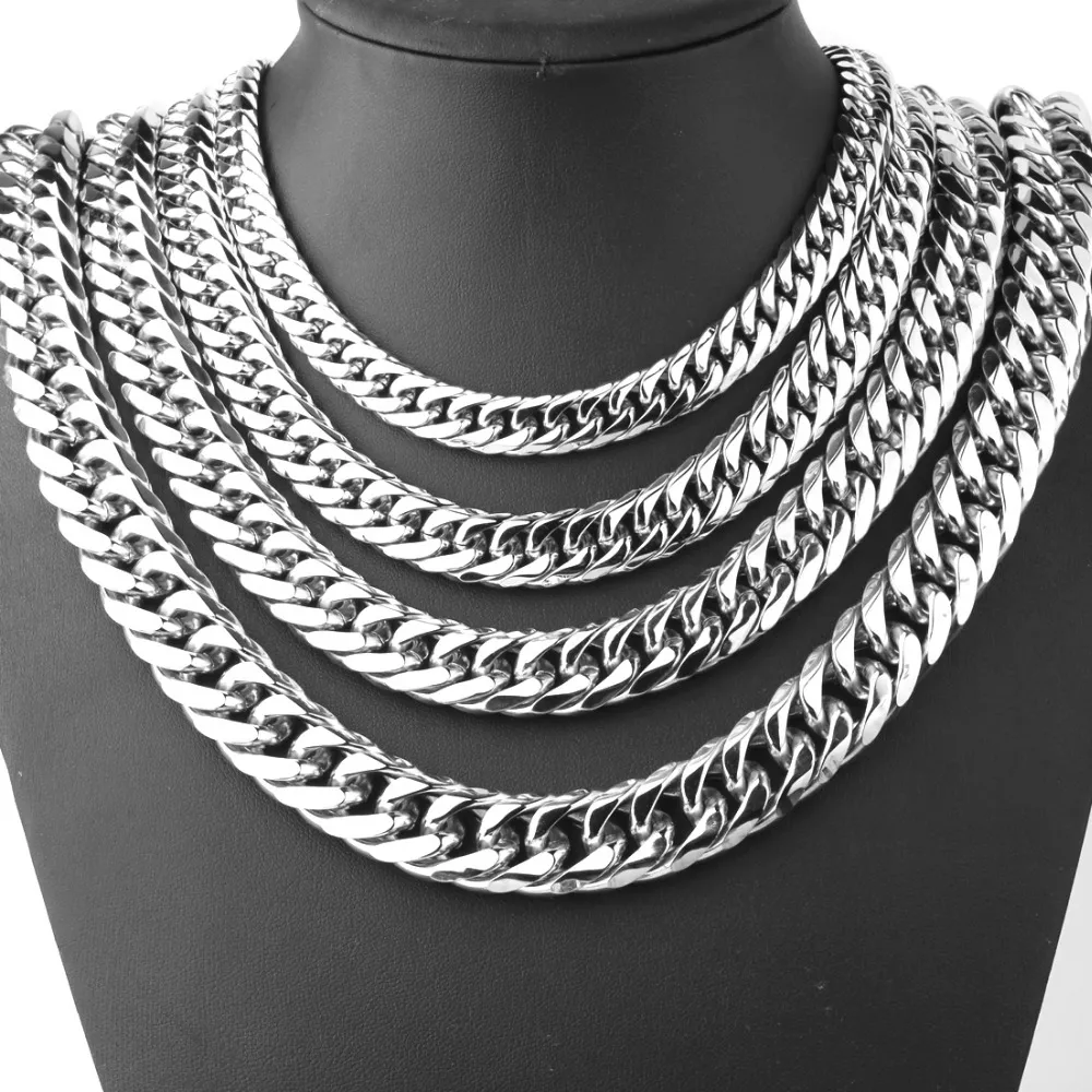 9/13/15mm Men's Fashion Cool Silver Stainless Steel Bling Curb Necklace Chain 8"-40" Top Quality