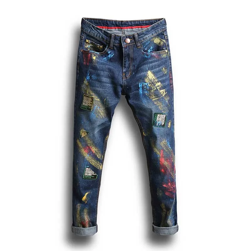 Bemalte Jeans für Herren, bedruckt, Denim-Hosen, lässig, modisch, Bleistifthose, mittlere Taille, bunt