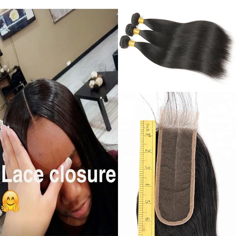 Ny Virgin Brasilian Cuticle Airted Virgin Hair 2x6 Mellandel Snörning Stängning Medium Brun Looking Deep Part Kim Stängning med 3 buntar