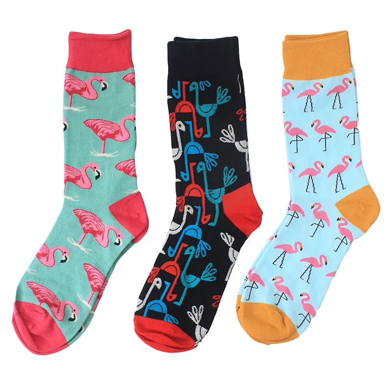 Combed Cotton Colorful Gogh Retro Argyle Flamingos Men Socks cool casual Dress Funny party dress crew Socks 1pair=2pcs ms02