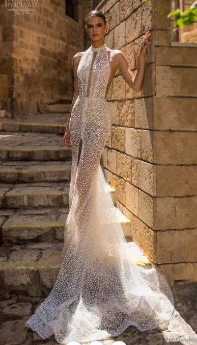 Boho Halter Dot Lace Mermaid backless wedding gown by Den Aharon - Backless, See-Through, Plus Size (Style 0505)