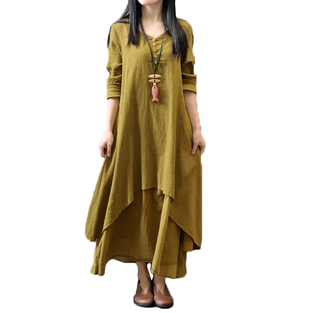 2019 Cotton Linen Maxi Dresse Women Fake Two Pieces Long Sleeve Dress Casual Summer Ladies Loose Oversized Dresses 4XL Plus Size