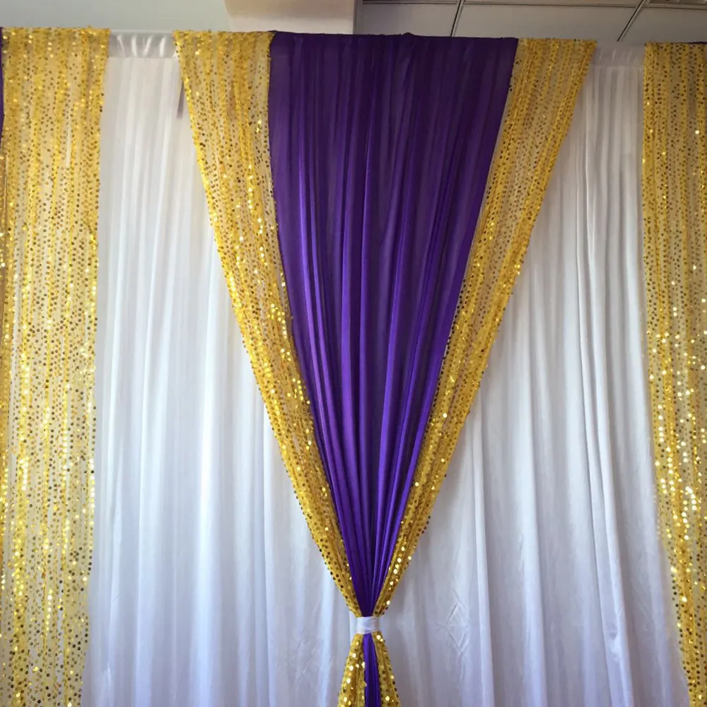 10 stóp x 10 stóp Biała zasłona Purple Ice Silk Drape Gold Sequin Dekoracja Tło na przyjęcie weselne3491031