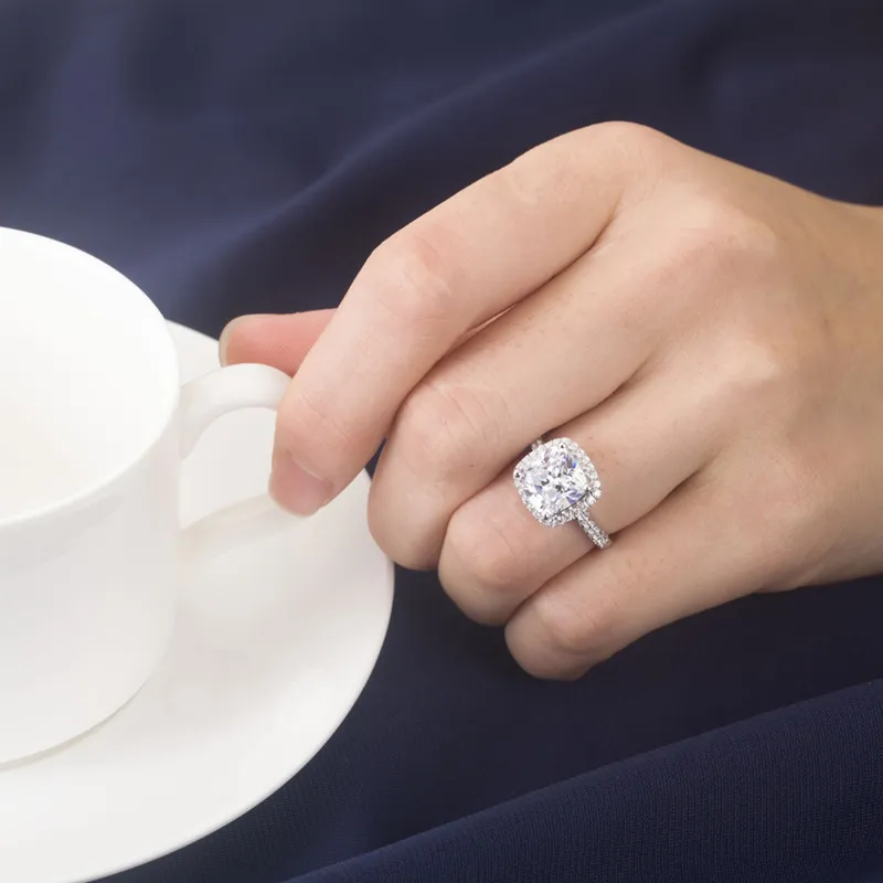 S925 6 6 mm 1ct Piękny design poduszka Syntetyczna diamenty zaręczynowe pierścionek zaręczynowy srebrny srebrny obiet