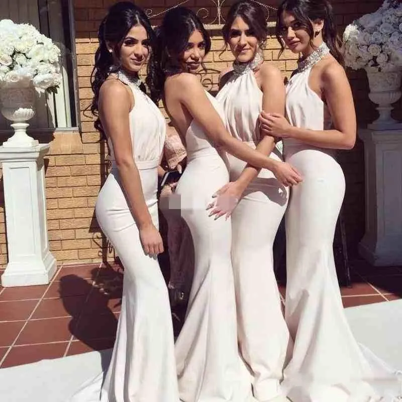Denizkızı Nedime Basit Fildişi Yular Boyun Sırtsız Boncuklu Pleats Hizmetçi Onur Düğün Partisi Elbiseler Resmi Gowns