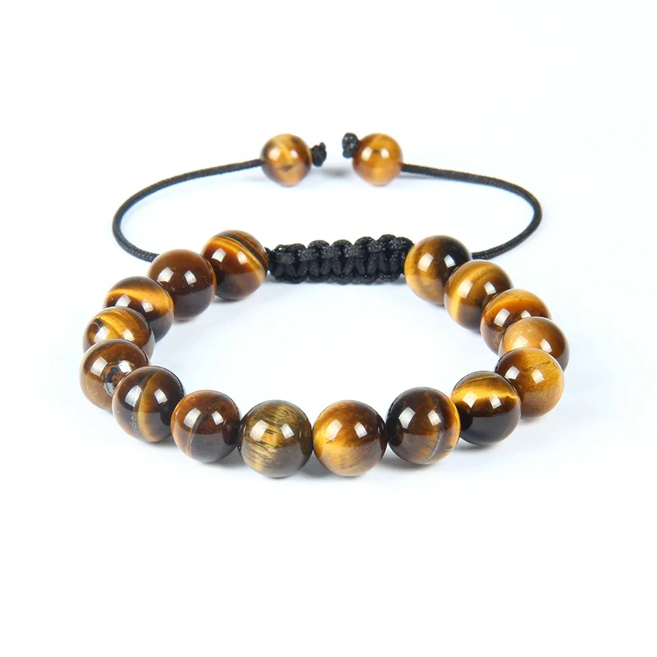 Fashion Mens Woven Bracelet 10pcs High Quality 10mm Tiger Eye Stone Beads Beaded Bracelets Jewelry For Gift