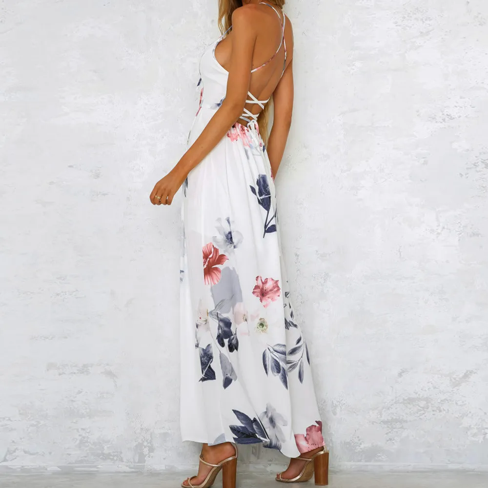 Sexy Spaghetti Slit Dress Robe Longue En Mousseline De Soie Robe Maxi Robe Largo elegantes 2018 Ete Printblue Robe De Soiree de fiesta