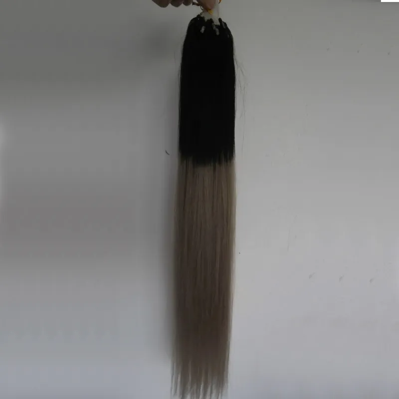Grigio Ombre Human Hair Capelli Micro Loop Anello Estensioni capelli 100s 100% Virgin Silver Extensions 100g 1G / s Micro Bread Capelli Estensioni T1b / Grigio