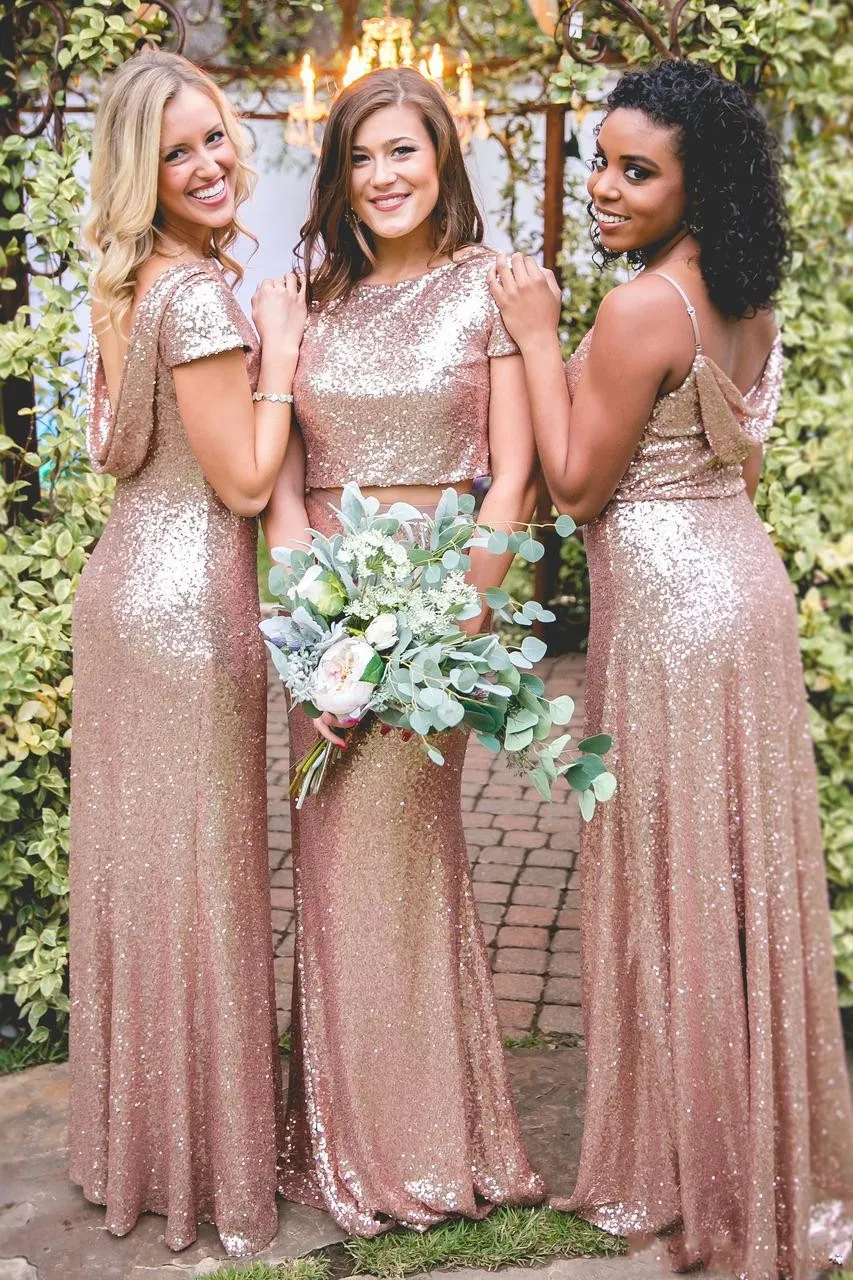 2019 Bling Sparkly Bridesmaid платья розовые золотые блестящие дешевые русалки две части спинки блестки пляжные платья платья свадьбы