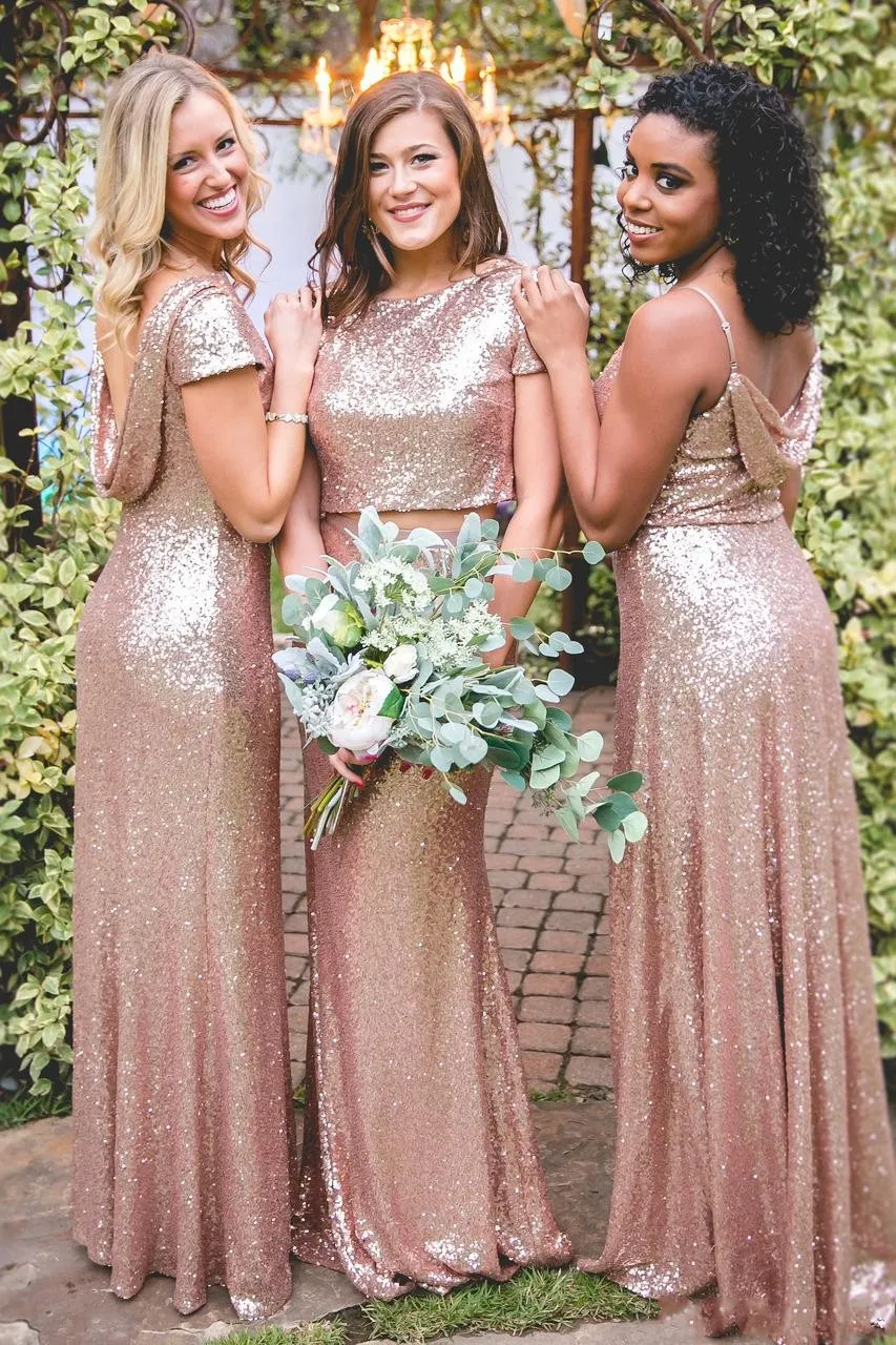 2024 Bling Sparkly Bridesmaid Gold Rose Lantejoula barata Sereia duas peças lantejoulas sem costas Vestidos de festa de casamento Vestido de convidado 403