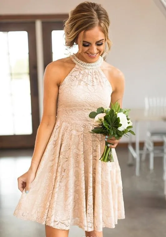 Peach Dress For Wedding Guest Peach Lace Short Bridesmaid Dresses With  Pearls And Halter Neckline Knee