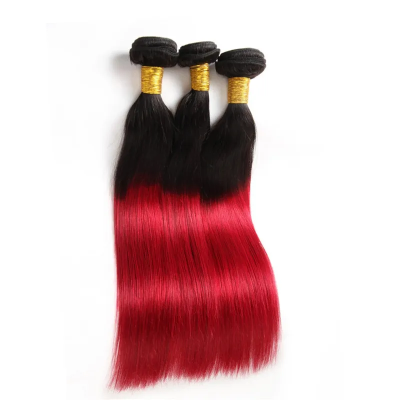 Bundles de cheveux vierges brésiliens raides # 1B / rouge ombré avec tissage de cheveux humains rouges ombrés à racines foncées frontales avec fermeture frontale en dentelle 13x4