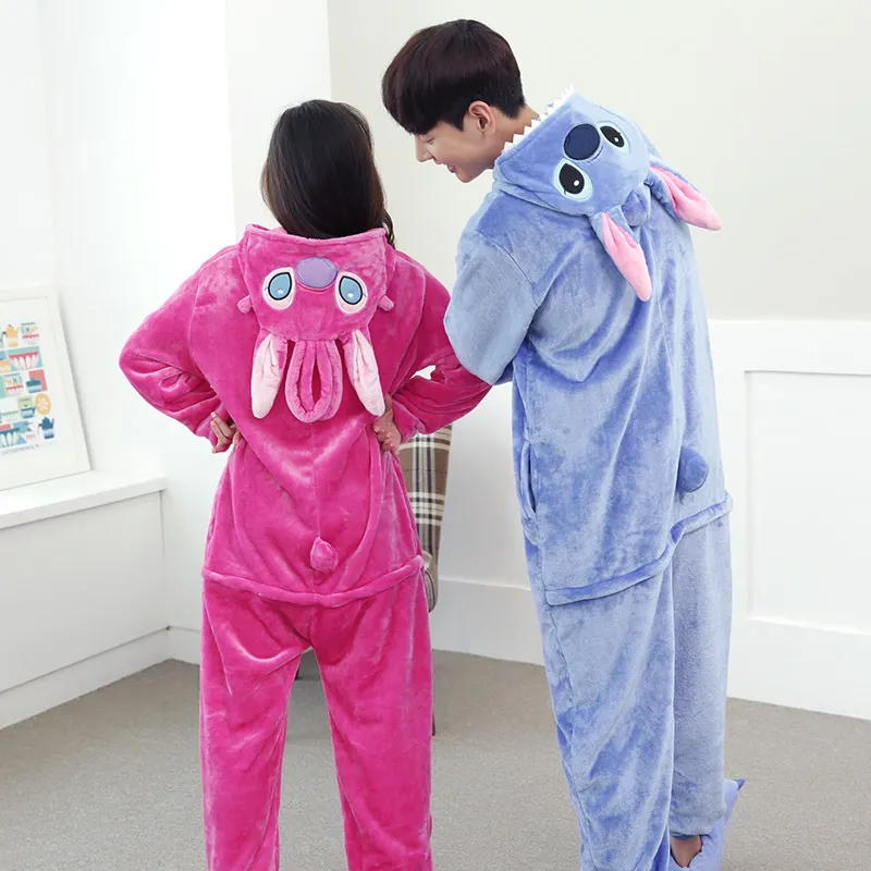 Invierno Rosa Azul Stitch ropa de dormir pareja pijama Unisex franela  pijamas mujeres hombres Cosplay dibujos animados Animal Onesie pijama con