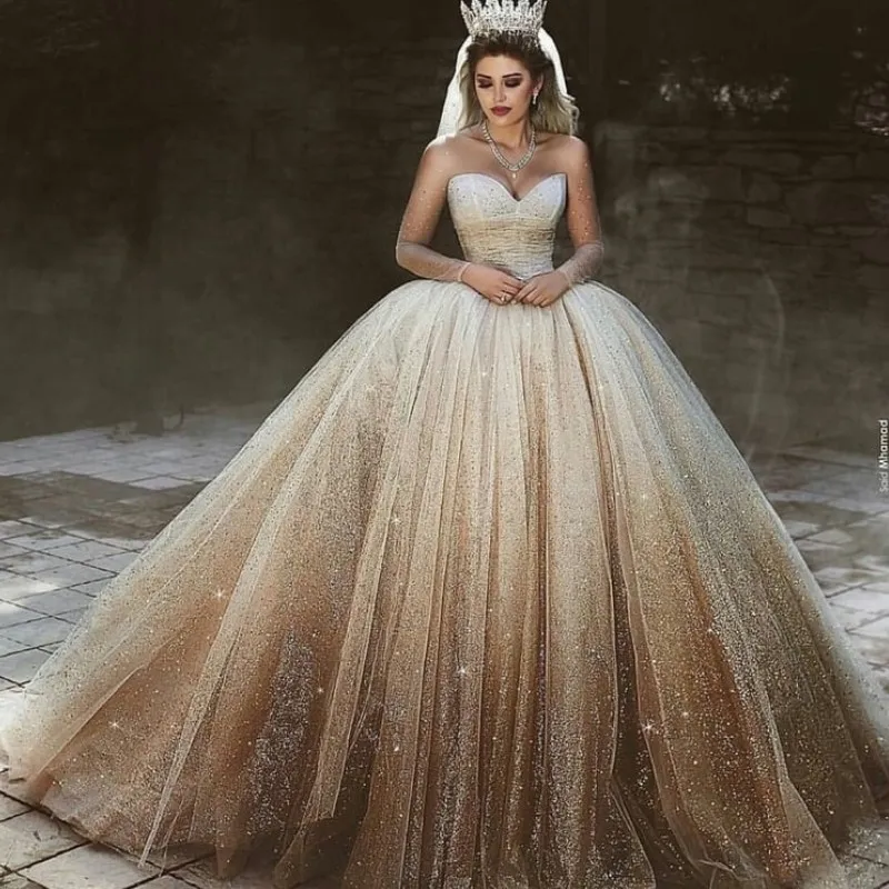 Luxury Sequined Tulle Wedding Dresses Sheer Jewel Neck Long Sleeve Wedding Gown SparKly Fluffy Corset Ball Gown Dubai Wedding Dress