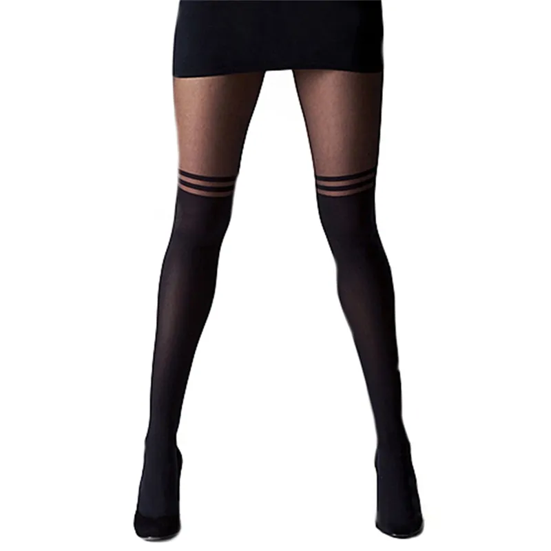 Meia-calça feminina com suspensório transparente, tentação preta, meia-calça simulada sobre o joelho, listra dupla, transparente, 155-170cm290s