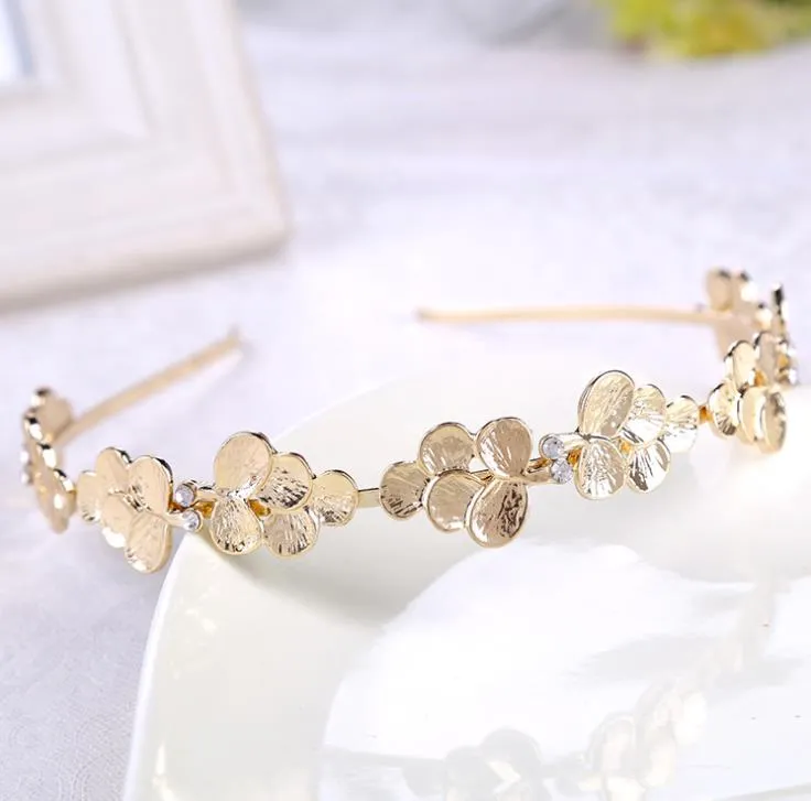 Bridal Head Flower Hoop, Handmade Gold Flower Wedding Headwear, Koreańska biżuteria ślubna.