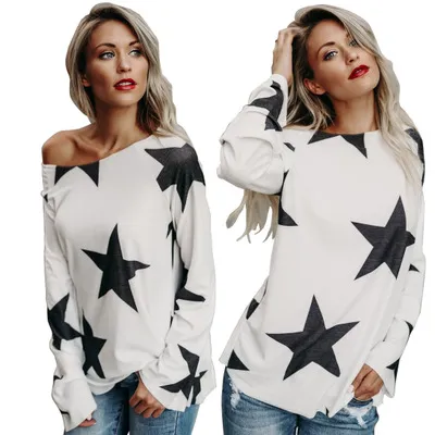 Spring Women Slash Neck Loose T-shirt Five Stars Printed High Street Cotton Top Tee Long Sleeves Clothes