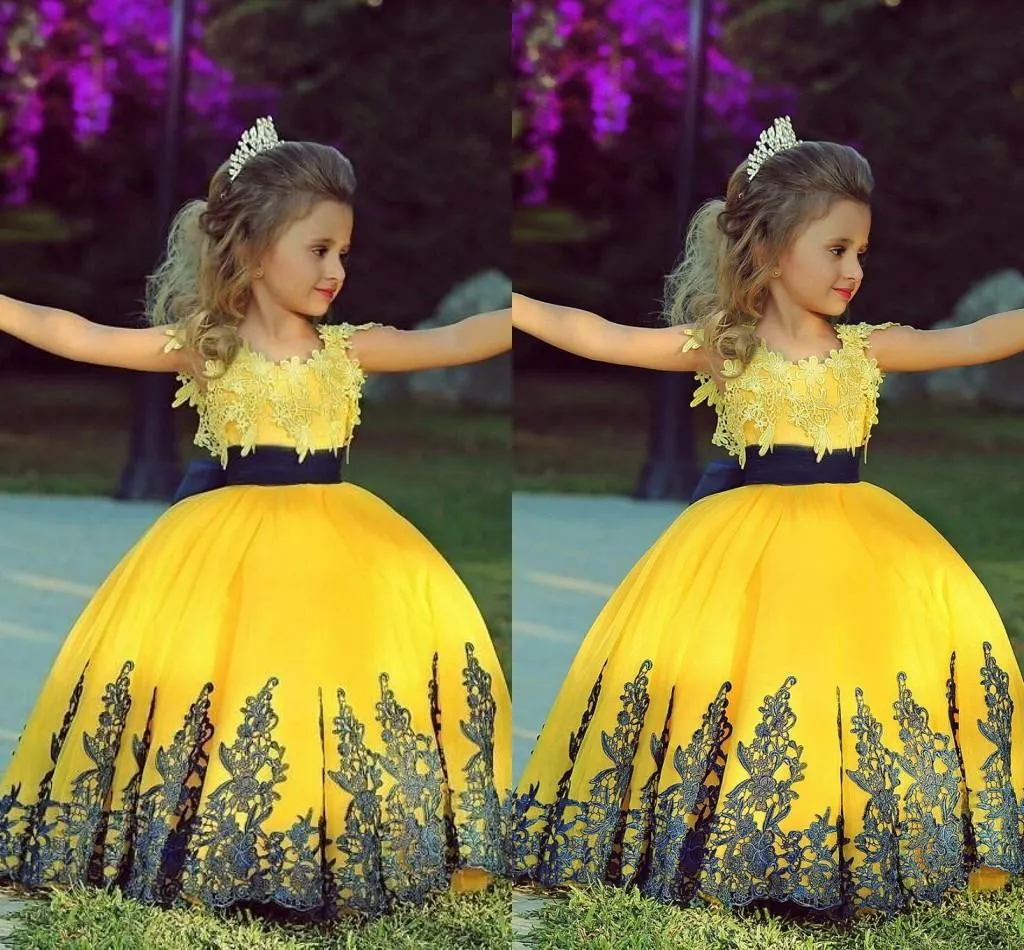 Jewel Ball Gown Yellow Lace Appliques Floor Length Sleeveless Custom Made Wedding Flower Girl Dress Cute