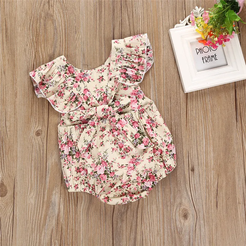 Summer Newborn Baby Girls Clothes 2018 Backless Floral Ruffles Sleeve Romper Jumpsuit Baby Body Suits Sunsuit Infant Toddler Girls Clothing