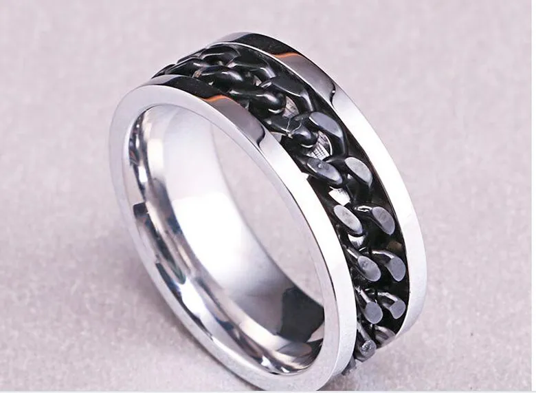 Rostfritt stål kedja cirkel ring för män mode smycken klassiska band ringar i svart / guld / vit. Storlek: USA Storlek 7/8/10/10/11/12