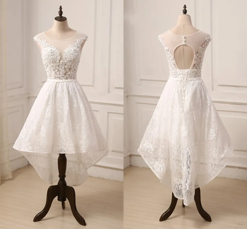 Cheap High Low Wedding Dress Sheer Neck Cap Short Sleeves Keyhole Back Applique Lace Up Back Boho Wedding Dress Plus size Custom-made