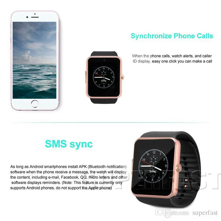 Montre intelligente Bluetooth GT08 Montres intelligentes avec emplacement pour carte SIM et montres intelligentes de santé NFC pour Android Samsung IOS avec emballage de vente au détail7011444