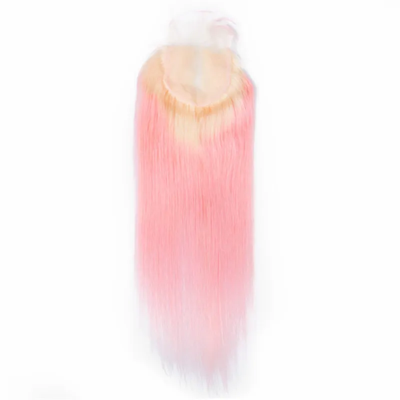 # 613 / Ombre rosa capelli umani brasiliani 3 pacchi con chiusura dritta bionda e rosa Ombre 4x4 chiusura in pizzo con capelli vergini intrecciati