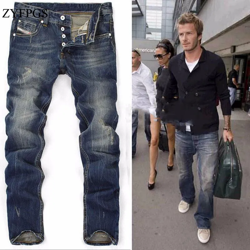 ZYFPGS 2018 New Men Jeans brand Frazzle Ripped Blue Jeans Homme Masculino Men's Straight Jean Skinny for Male Pants 1019